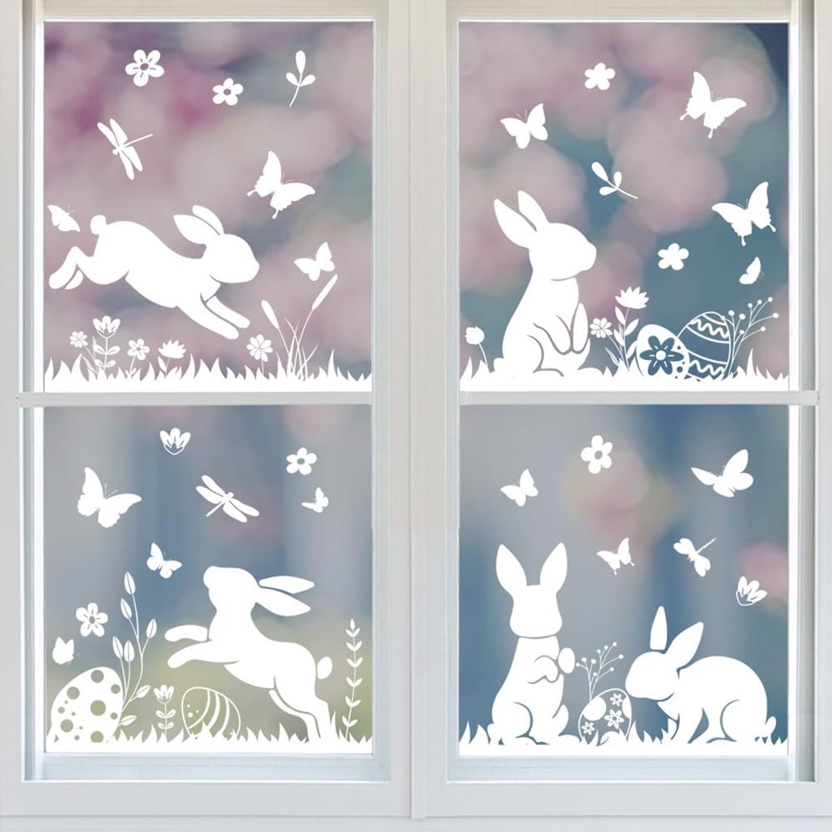 Raamfoto's Pasen met hazen en vlinders - 4 vellen hazen raamstickers zelfklevend paasdecoratie raam lente konijn Pasen decoratie raamdecoratie, herbruikbare raamstickers