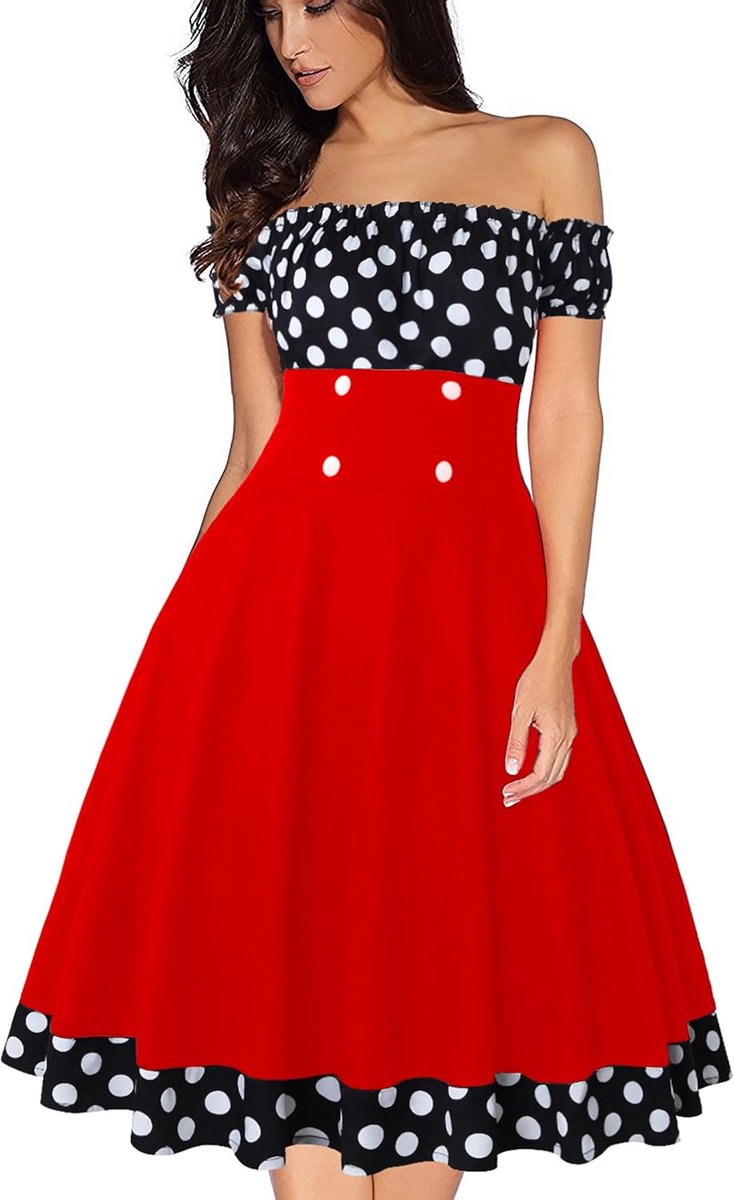 Dames Vintage Jurk Off Shoulder Jaren 1950 met Elastische Halslijn A-Lijn voor Zomer Feestlijke