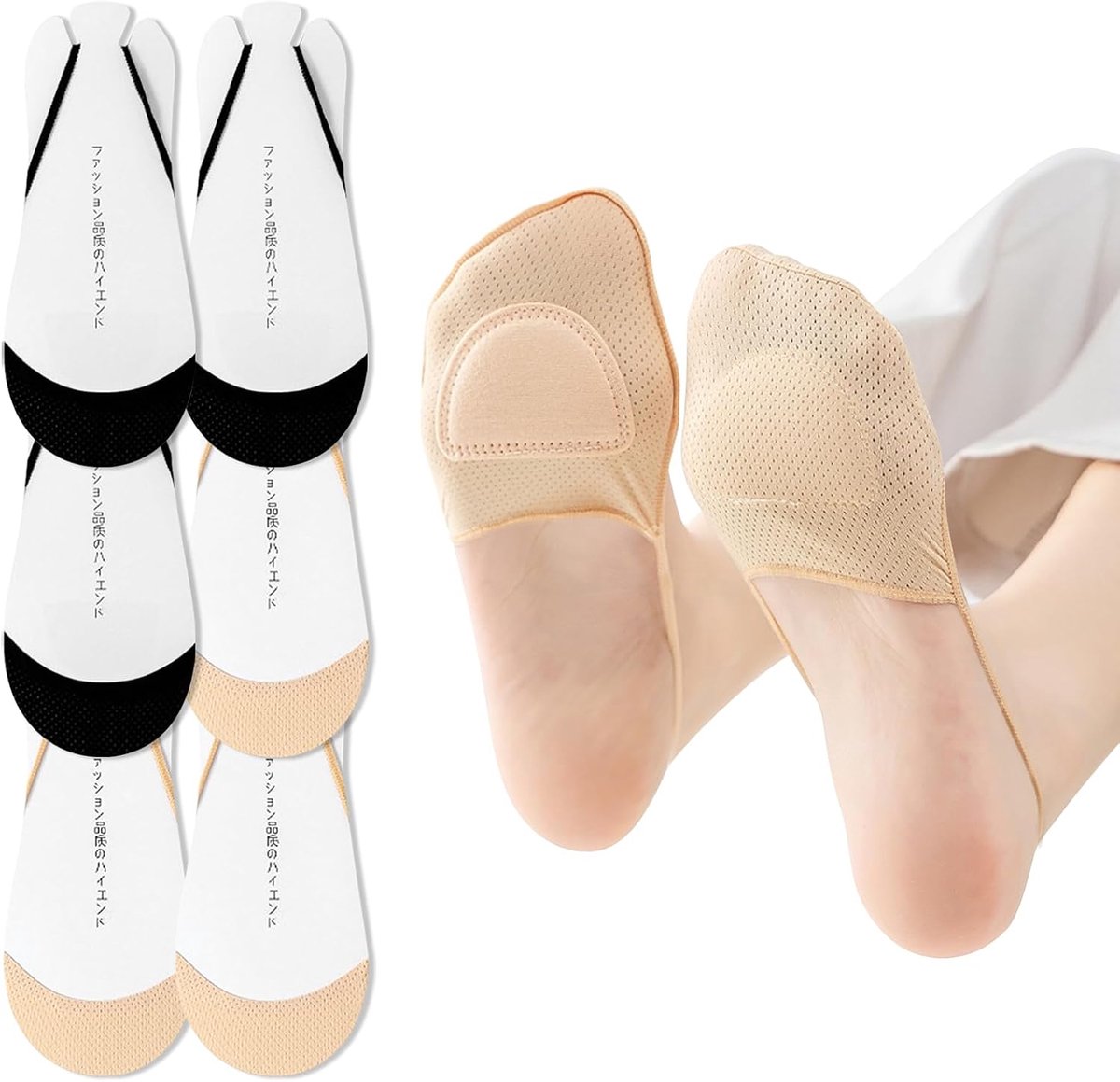Sokken met onzichtbare sling back dames, 6 paar laag uitgesneden halve teen topper sokken met antislip bandjes voor hakken