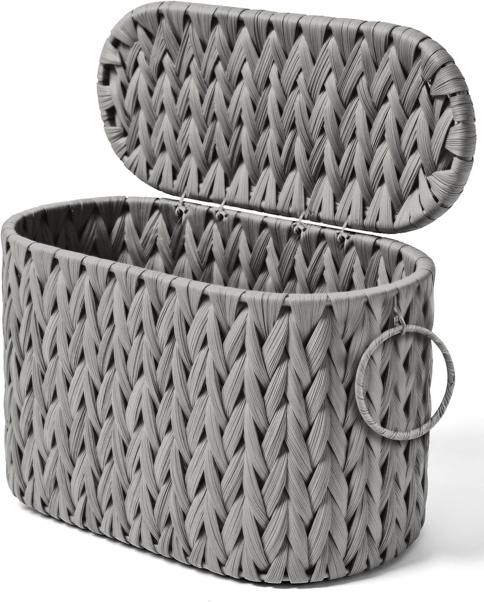 rotan mand voor toiletpapier met deksel, tijdschriftenhouder, geïntegreerd ontwerp, opbergbak voor wc-papier, wc-papier opbergdoos, organizer voor huishoudelijke artikelen lichtgrijs