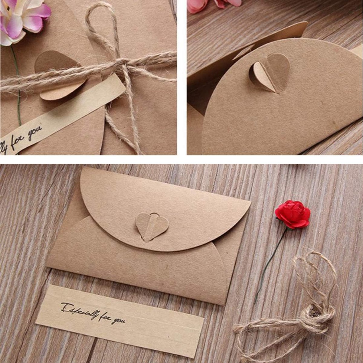 Roly 10 stuks wenskaarten, kraftkaarten en enveloppen, retro, handgemaakt, doe-het-zelf, groeikaart, gedroogde bloemen, ansichtkaart, versierd, Valentijnsdag of gelegenheid