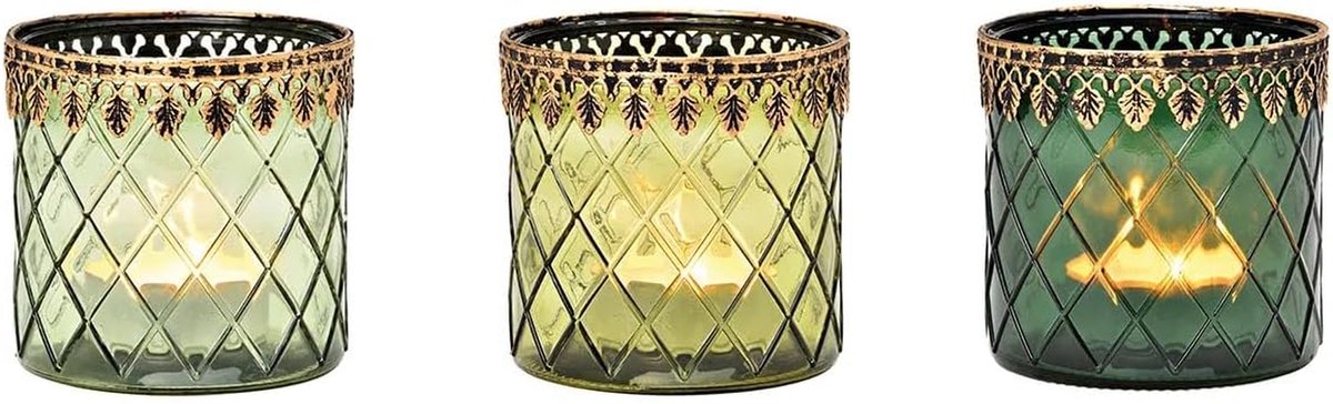 Windlicht Set - Kaarsenhouder Theelichtglas - Sfeervol Verlichten - Gestructureerd Glas - 3 stuks - Groen Goud