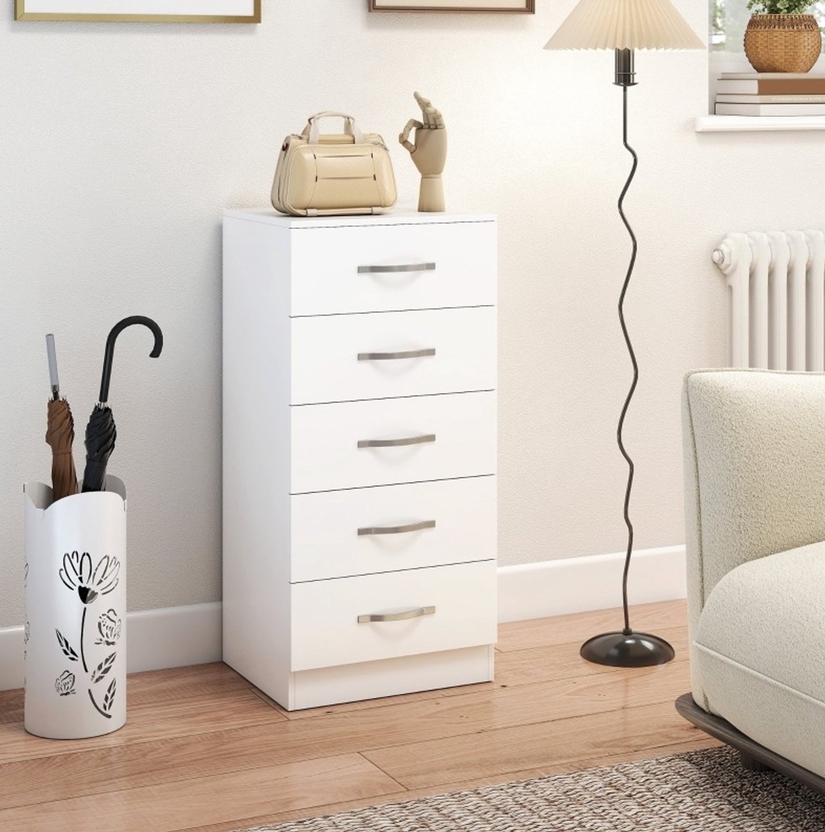 Ladekast Met 5 Laden - Smal En Modern Opbergmeubel Voor Slaapkamer En Hal - Wit Spaanplaat - 40x35x85 Cm - Met Zilverkleurige Grepen