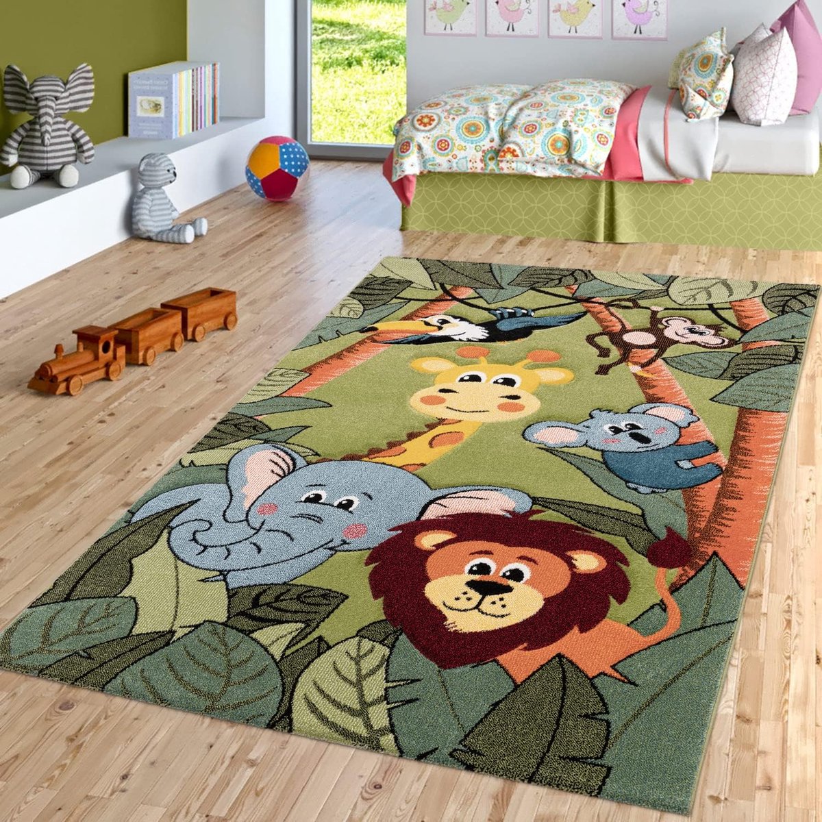 Home Vloerkleed voor in de kinderkamer kinderkamer jungledieren giraf leeuw aap nijlpaard groen, Maat:Ø 120 cm Rund