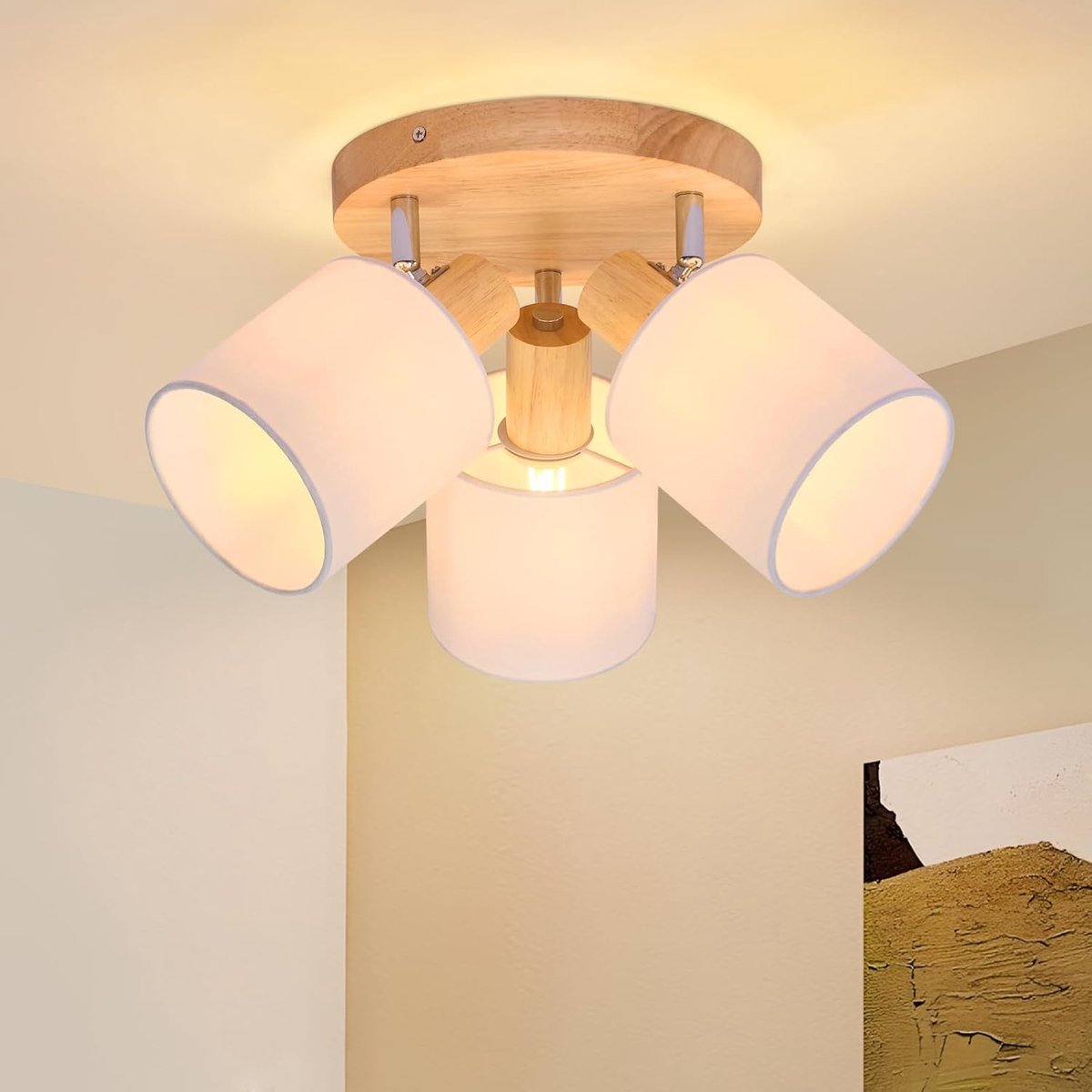 Plafondspot 3 Lampen Rond Hout LED Plafondlamp Spot | Plafondlamp E14 Spot Verstelbaar 350° voor Keuken Woonkamer Slaapkamer Hal (zonder lamp)