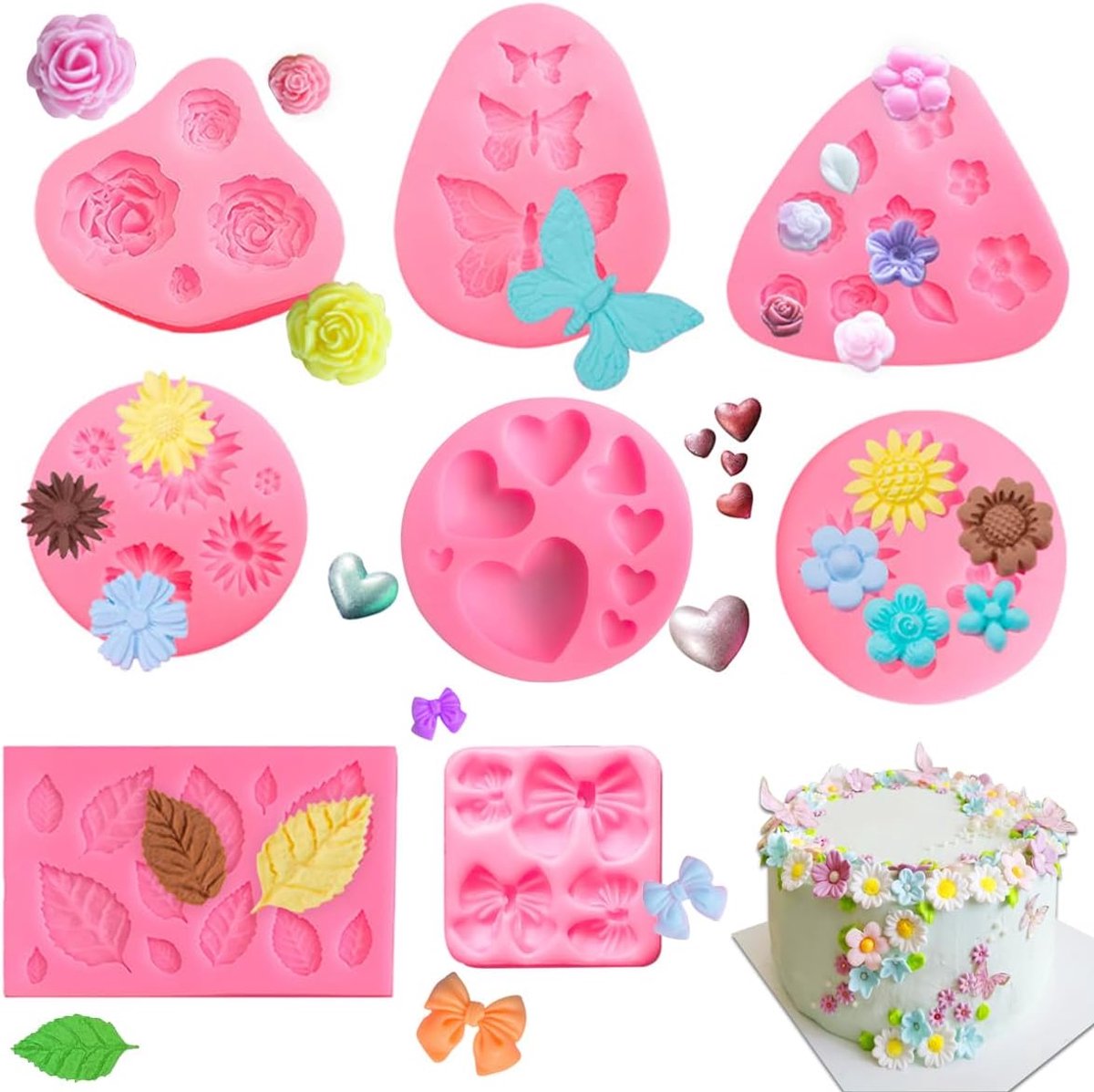 8 stuks siliconen vormen, bloemen, klein, 3D, fondant, vormen, siliconen roos, vlinder, bladeren, hartvormige strik voor cake, fudge, chocolade, zeep, dessertdecoratie, snoep