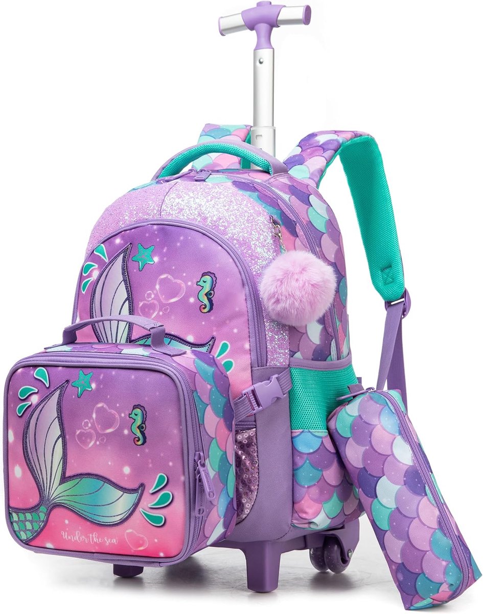 Trolleyrugzak met wielen, etui, lunchtas, 3-in-1, gemakkelijk oprolbaar, voor meisjes, schooltassen