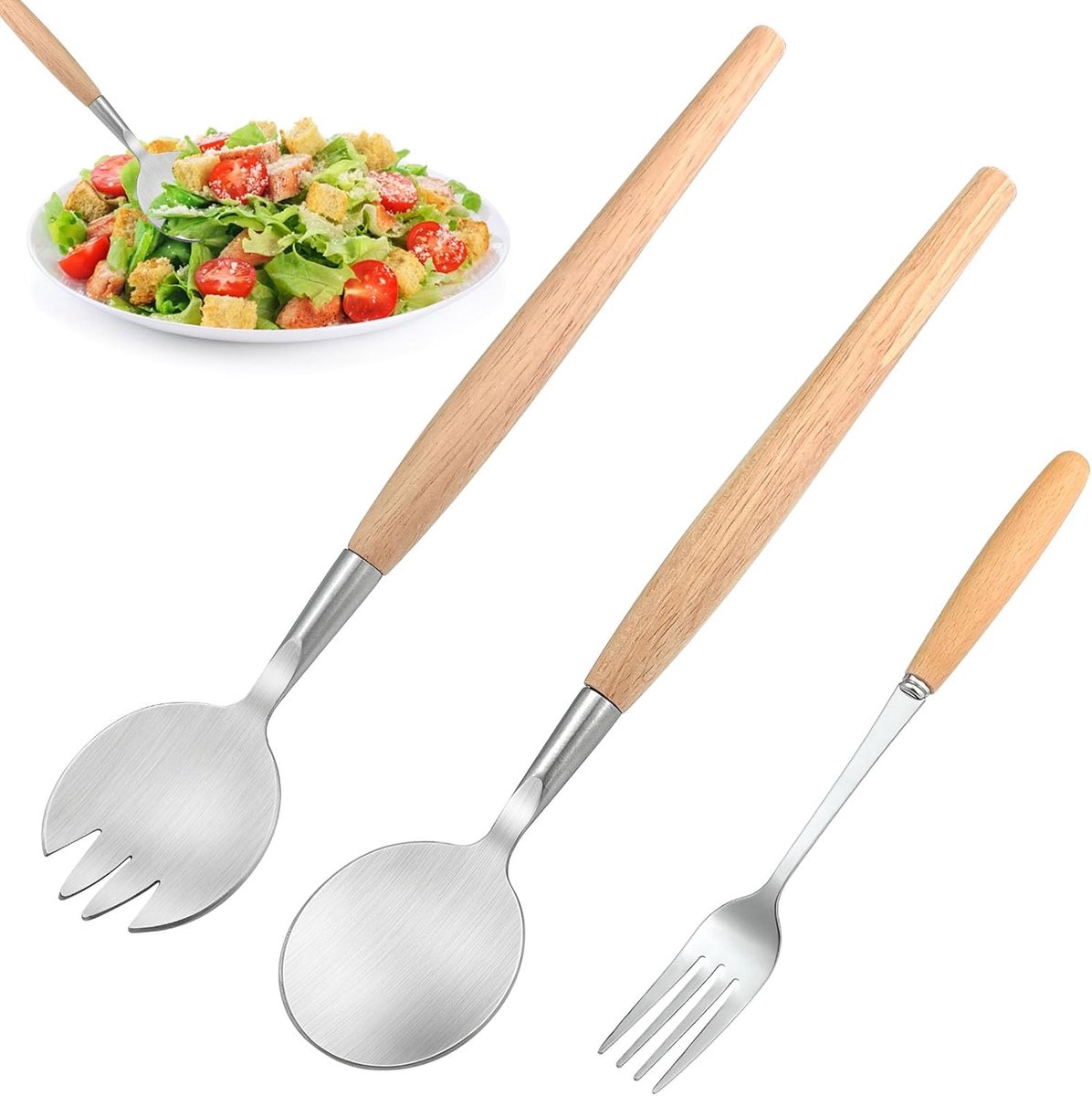 Saladebestekset, saladebestek, roestvrij staal met houten handvat, slalepel, slavork, saladebestek, hout, voor keuken eetkamer 3 stuks