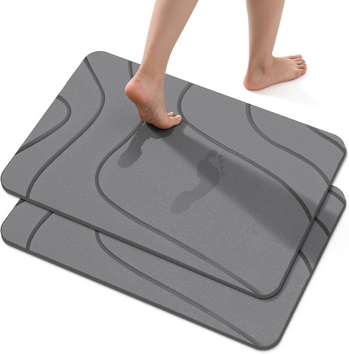 Stenen Badmat 60 x 39 cm (2-Stuks) – Snel Droog, Antislip, Absorberend, Gemaakt van Diatomeeënaarde, Vochtbestendig, Voor Keuken, Bad, en Douche-uitgang – Grijs