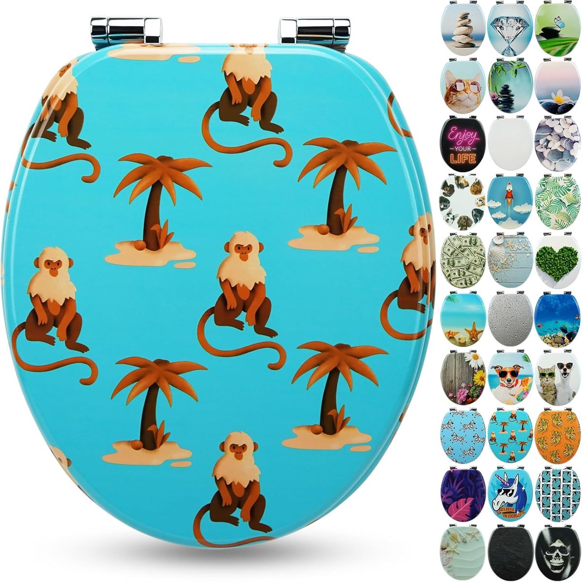 Wc-bril met houten kern en softclose-mechanisme - hoogwaardige kwaliteit en vele kleurrijke motieven, comfortabele zitting, eenvoudige montage inclusief handleiding - "Monkey Island"