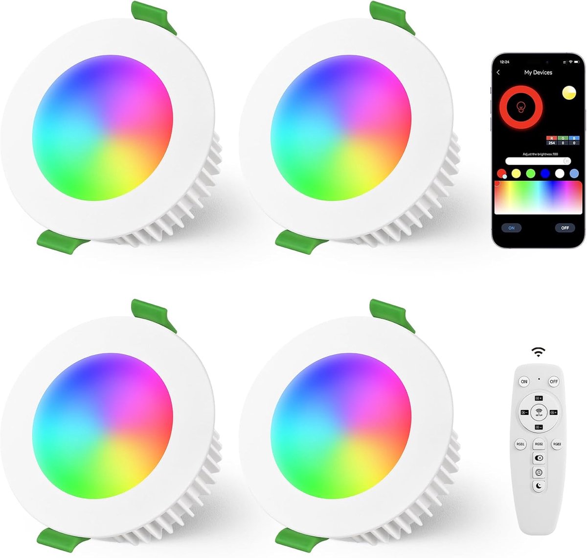 LED-inbouwspot RGB 5W 230V IP44 2700-6500K 65-80MM 4PCS Wit | YindaLux 500LM Inbouwlamp Dimbaar besturing via App & afstandsbediening LED Spots voor badkamer en woonkamer
