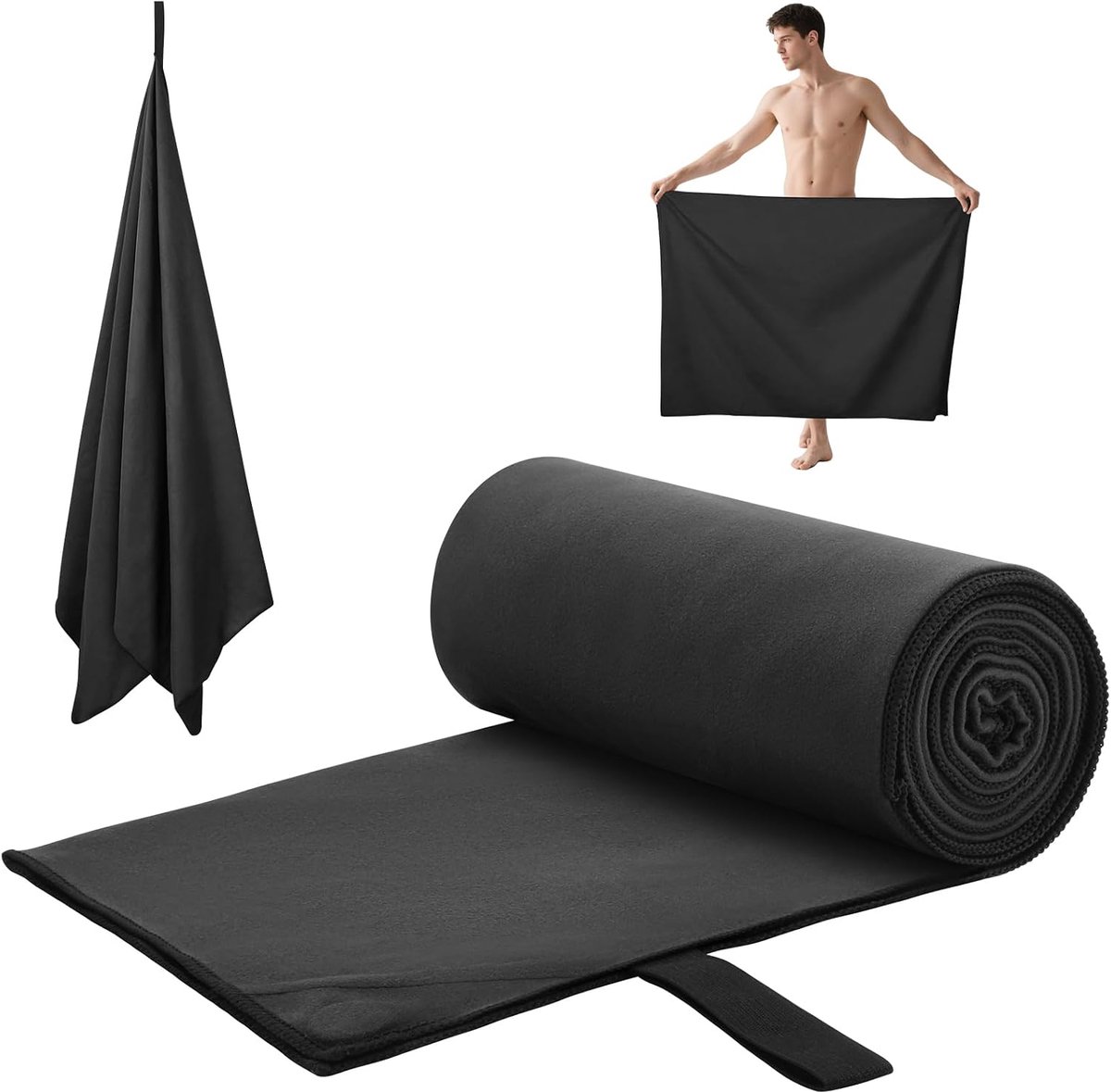 Fitnesshanddoek, 80 x 190 cm, heren en dames, sporthanddoek, sneldrogend en veelzijdig, microvezel handdoek met magneetclip, fitnesshanddoek voor fitnessbank, zwart