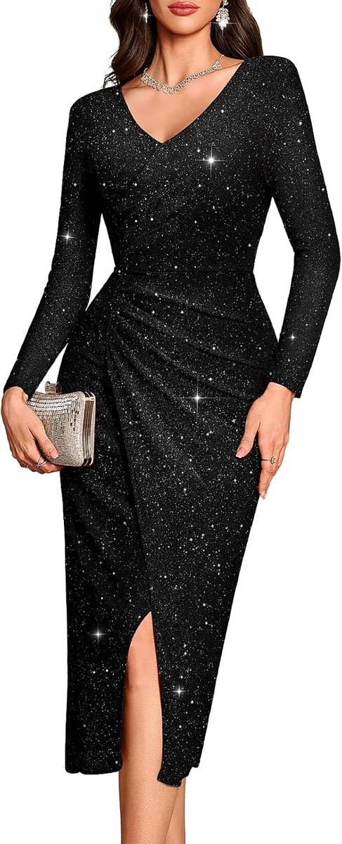 Vrouwen Maxi Lange Split V-hals Wrap Bruiloft Gast Jurk Lange Mouw Glitter Pailletten Voor Jurken Cocktail