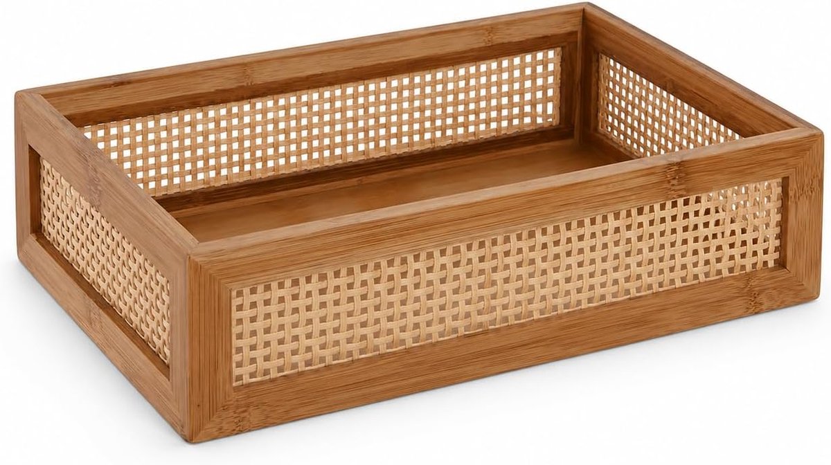 Organizer van bamboe en natuurlijk rotan voor badkamer, slaapkamer en huis (open)