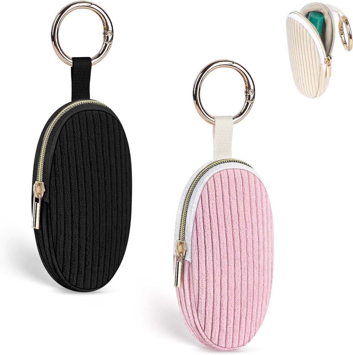 Mini Makeup Bag 9 x 5 x 9 cm - Ribbed Velvet - Oval zwart en roze - Perfect voor lippenstift en meer - SnelShoppen