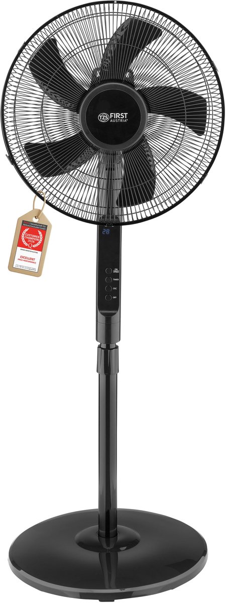 TZS First Austria Statiefventilator 45W - 40 cm - Met Afstandsbediening - Timer - Hoogte Verstelbaar - Stille Ventilator - Zwart
