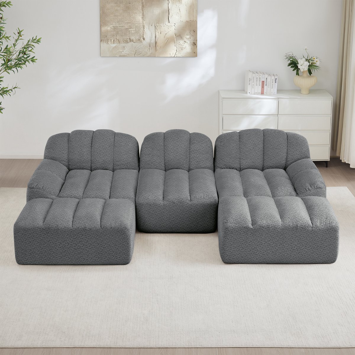 MEUNIQ U-bank 288 x 165 x 79 cm modulair, 3-zits, met 2 ottomans, zachte stof, brede zit en 32D schuim voor woonkamer in grijs
