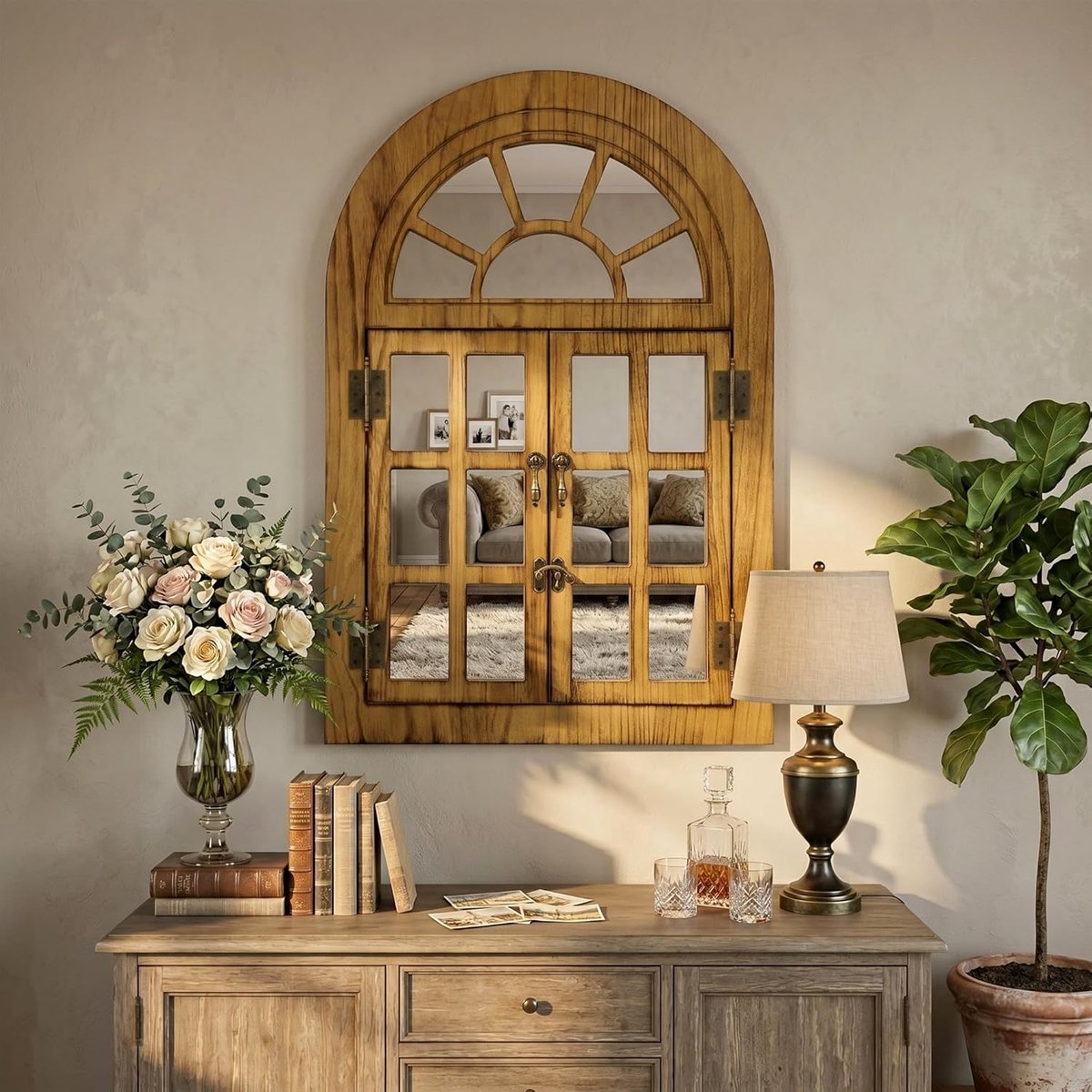 Wandspiegel gesneden hout - decoratief hol ontwerp - horizontaal of verticaal te monteren - ideaal voor elke ruimte - ShopVlot