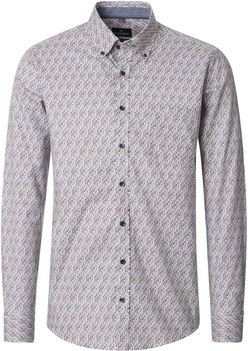 CASA MODA Sport casual fit overhemd - twill - wit met blauw en roestbruin dessin