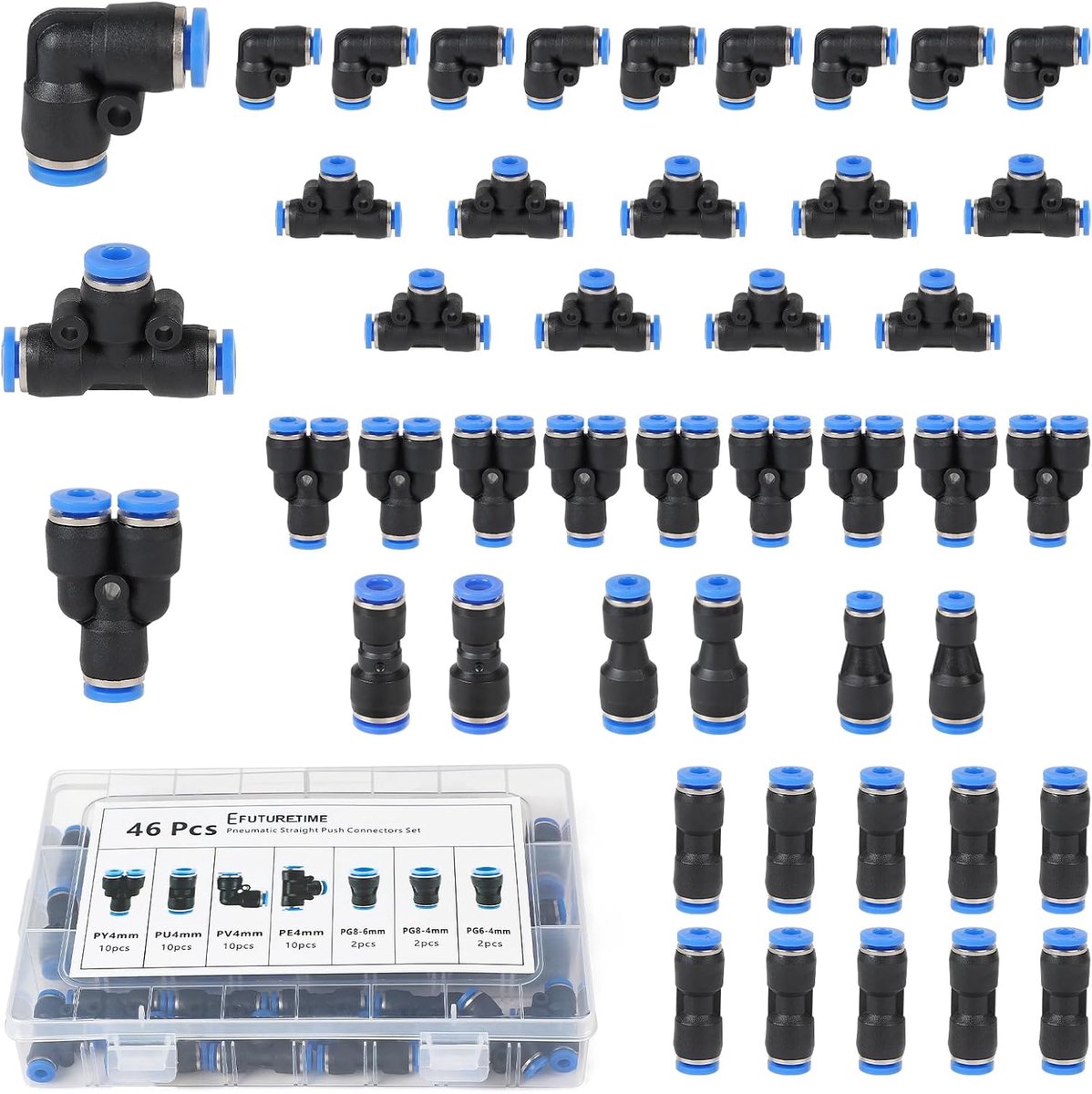 Pneumatische koppelingen set 4mm - rechte, gebogen, Y, T en reductie - 46 stuks voor gasinstallaties - SnelShoppen