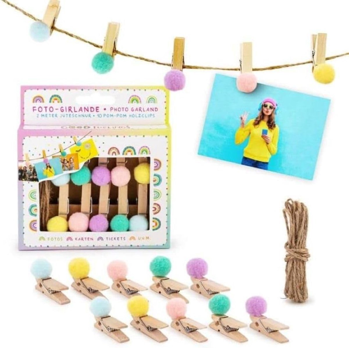 Fotogirlande 2 m - Jute koord - Met 10 houten knijpers en kleurrijke pompons - SnelShoppen