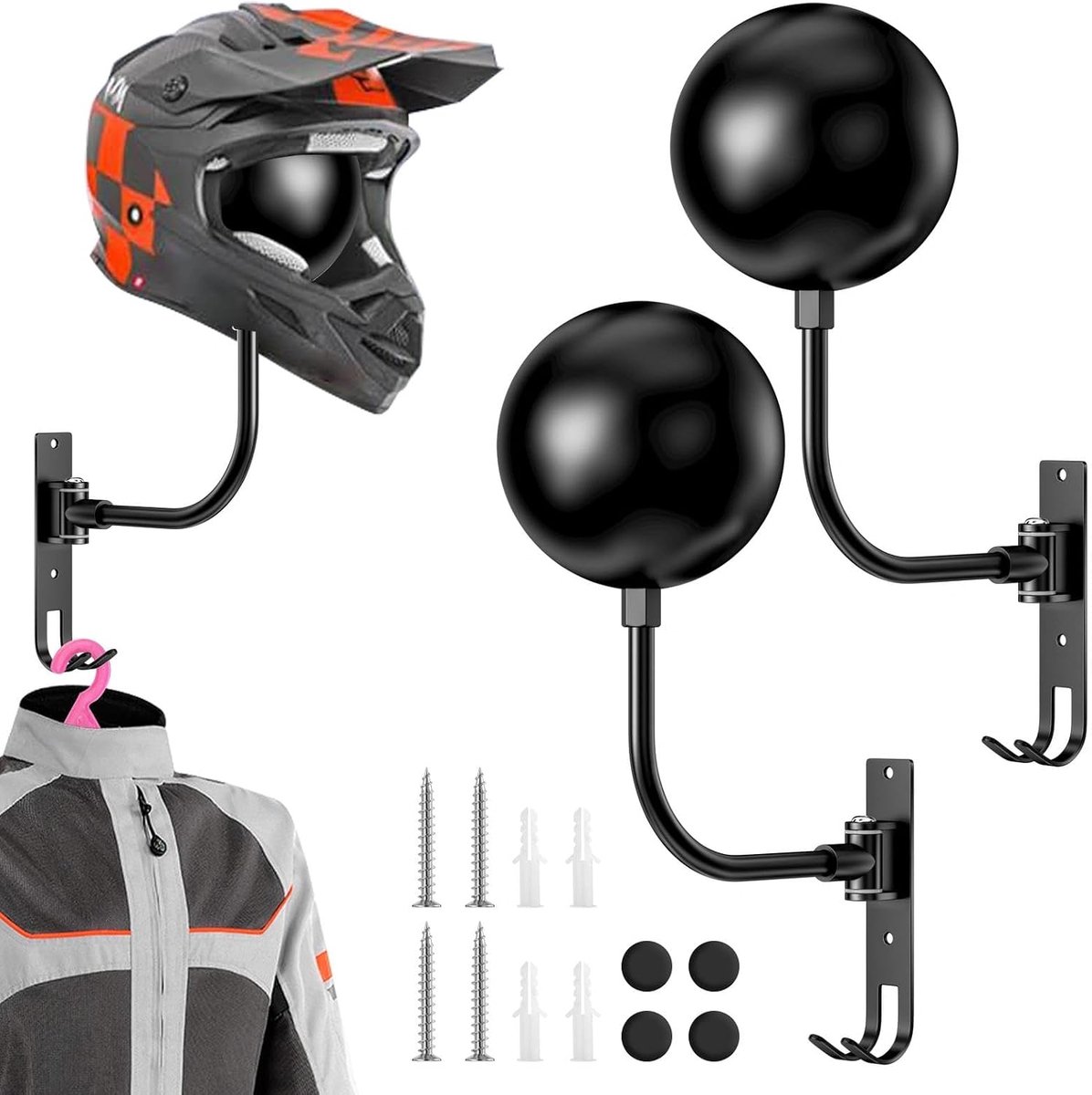 Helmhouder motorfiets 2-pack - metaal 3-in-1 - 180° draaibaar - wandmontage voor helmen en jassen - SnelShoppen