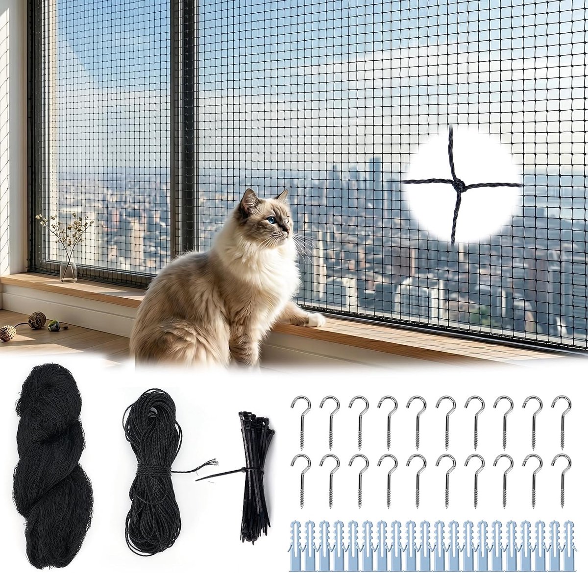 Zwarte Kattennet Balkon 10 x 3 m | Kattenbeschermingsnet met Haken & Kabelbinders | Zonder Boren Stevig Kattengaas | Veilige Kattenbescherming voor Balkon, Ramen, Terrassen & Deuren | Cyslmuk®