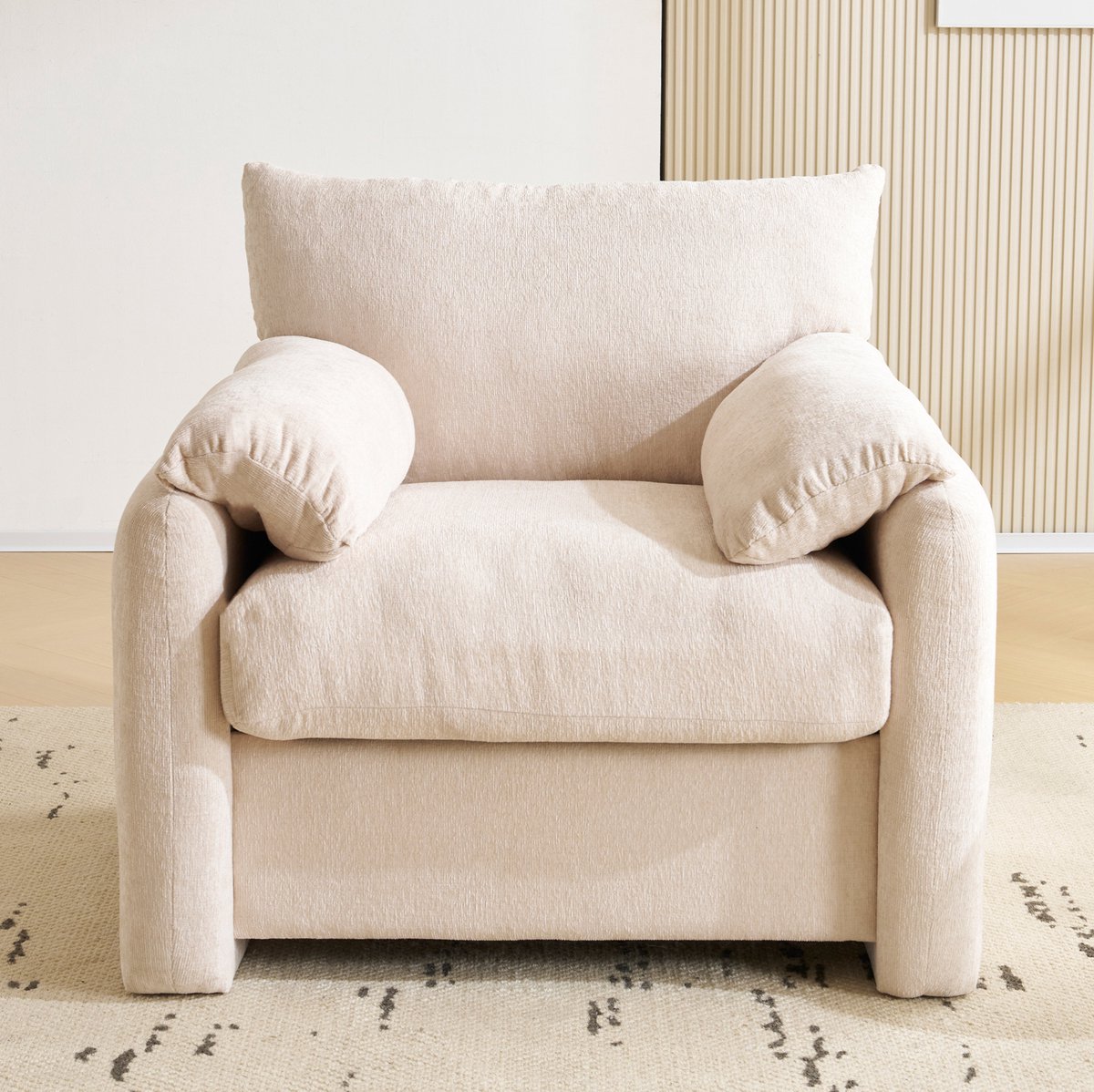 MEUNIQ beige fauteuil van chenillestof, breed zitvlak, armleuningen, 96 x 82 x 84 cm, voor woonkamer of slaapkamer
