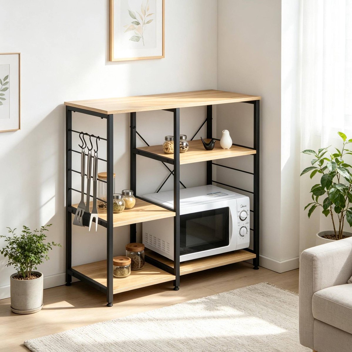 MIVRAY Open Kast – 5 Planken Voor Microgolfoven En Opbergruimte – 90 x 40 x 83,5 cm – MDF En Staal – Licht Eiken – Keuken En Hal