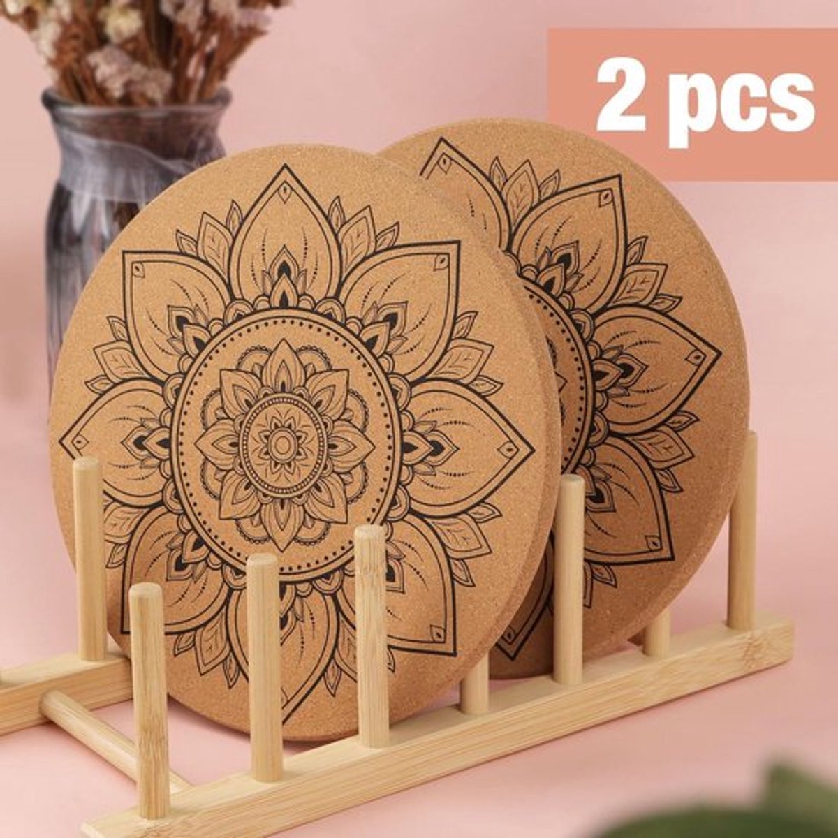 Warmte Onderzetter 19Cm Kurk Mandala - Set van 2 - Hittebestendige Onderzetters voor Keuken en Eettafel