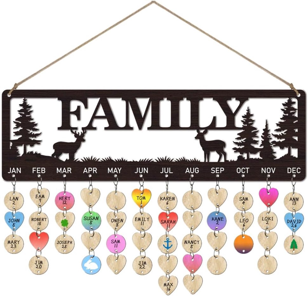 Houten verjaardagsherinneringskalender 40 x 12 cm - Familiebos ontwerp - Inclusief 100 houten labels - ShopVlot