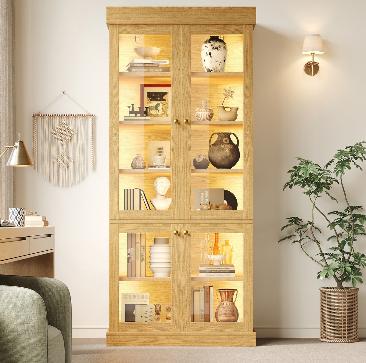 MODENUIT Vitrinekast - LED-Verlichting En Glazen Deuren - Woonkamer En Slaapkamer - MDF En Glas - 80x40x180 Cm - Natuurlijk Hout