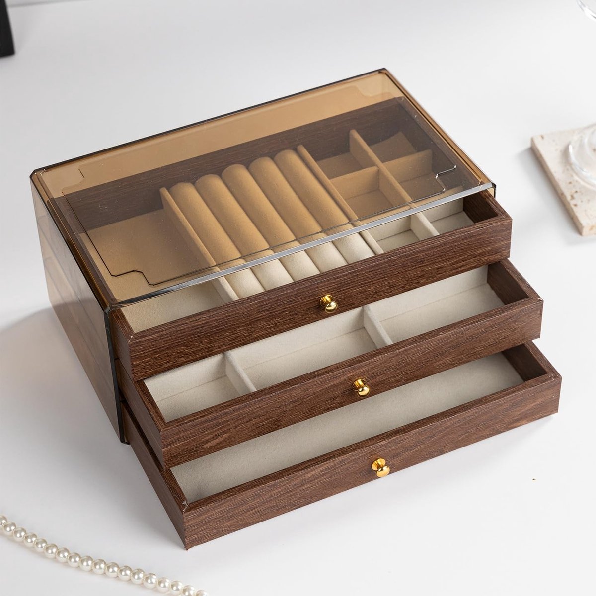 Sieradenkistje drie etages - fluwelen binnenbekleding - metalen handvat - perfecte opbergoplossing - ShopVlot