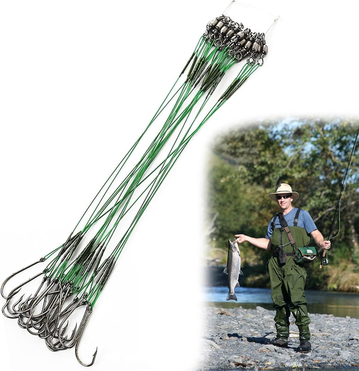 Vishaken 20 stuks - 20 cm groene leider - koolstofstaal - corrosiebestendig voor roofvissen - ShopVlot