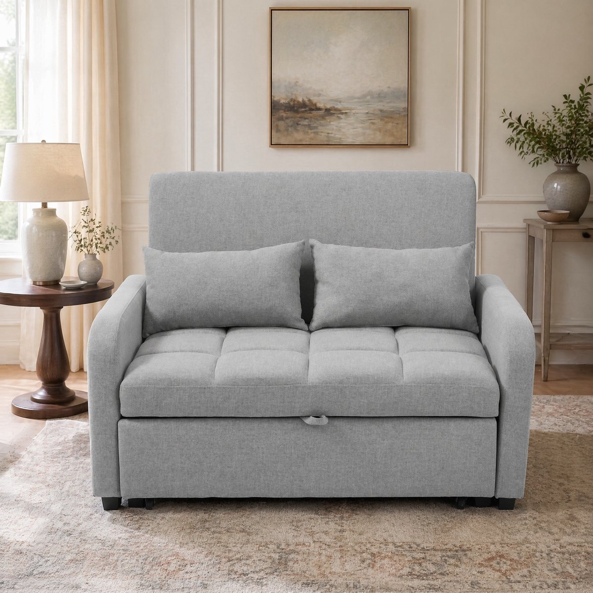 MEUNIQ slaapbank 2-zits 127 x 75 x 94 cm, uitklapbaar tot bed, verstelbare rugleuning, met 2 kussens, grijs, voor woonkamer en logeerkamer