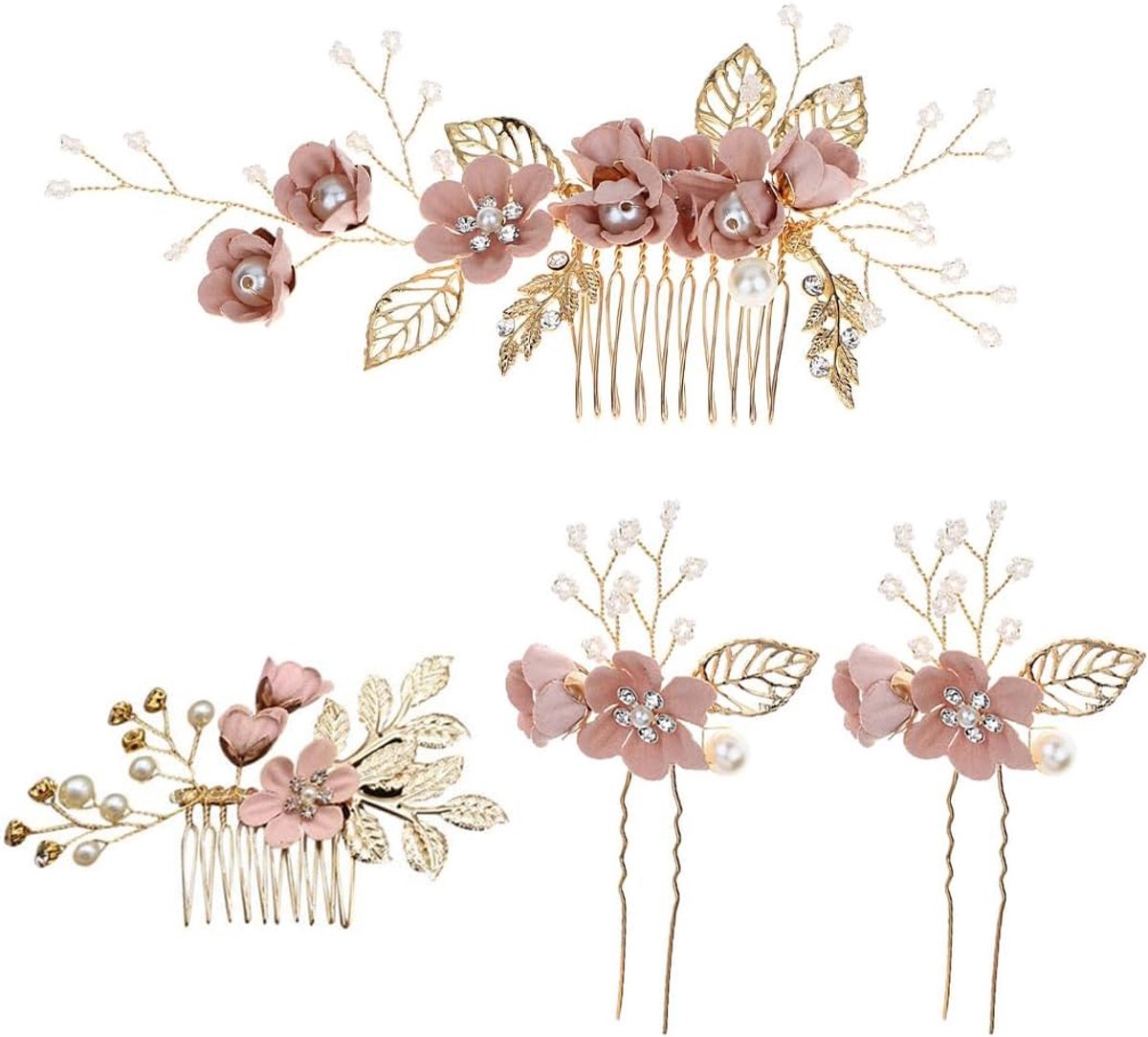 Haaraccessoires bruiloft - 4-delige haarcombs - roségoud met parels en strass - perfect voor bruiden - ShopVlot