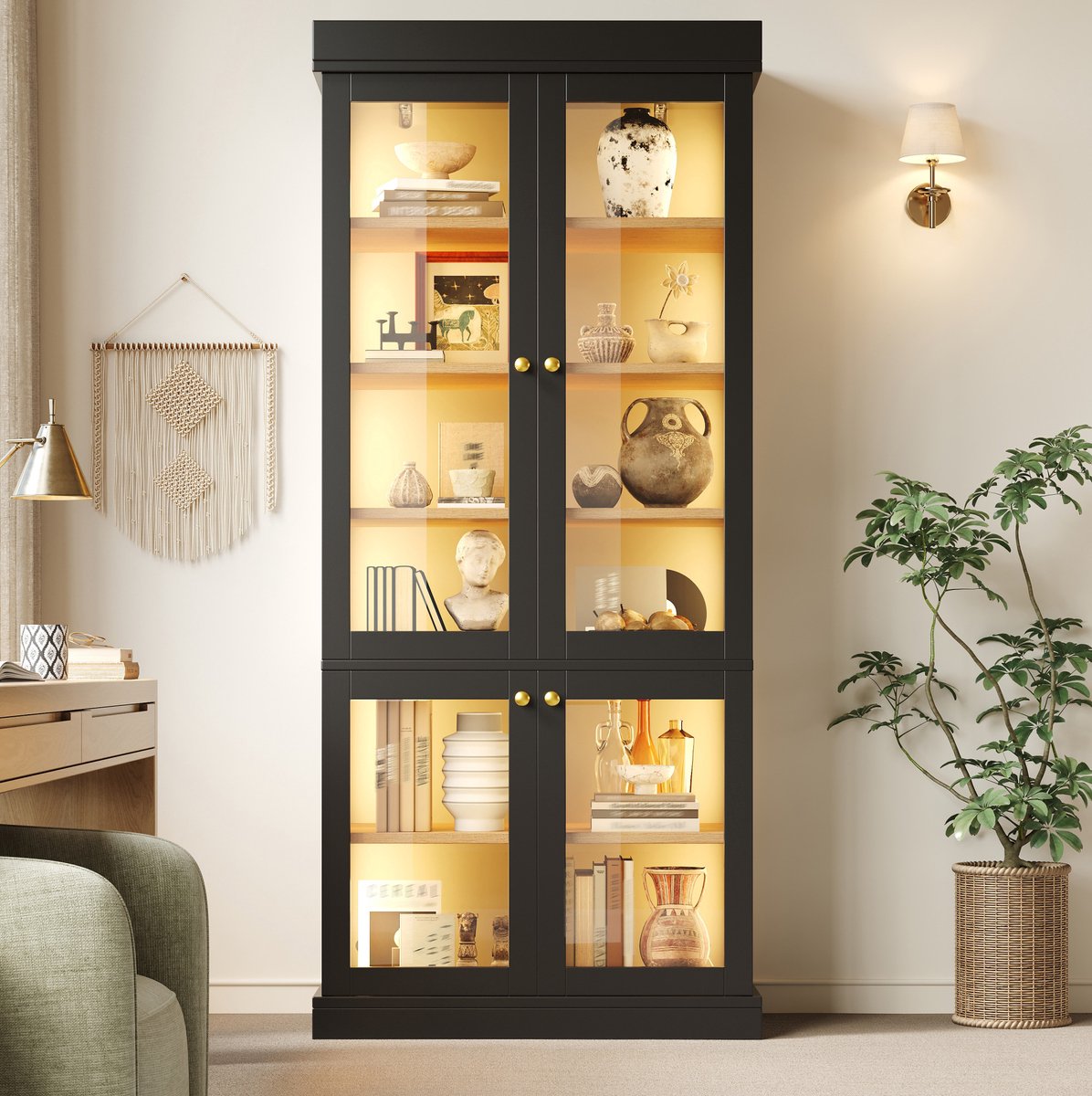 MODENUIT Vitrinekast - LED Verlichting - Woonkamer En Slaapkamer - MDF Glas Metaal - 80x40x180 Cm - Zwart