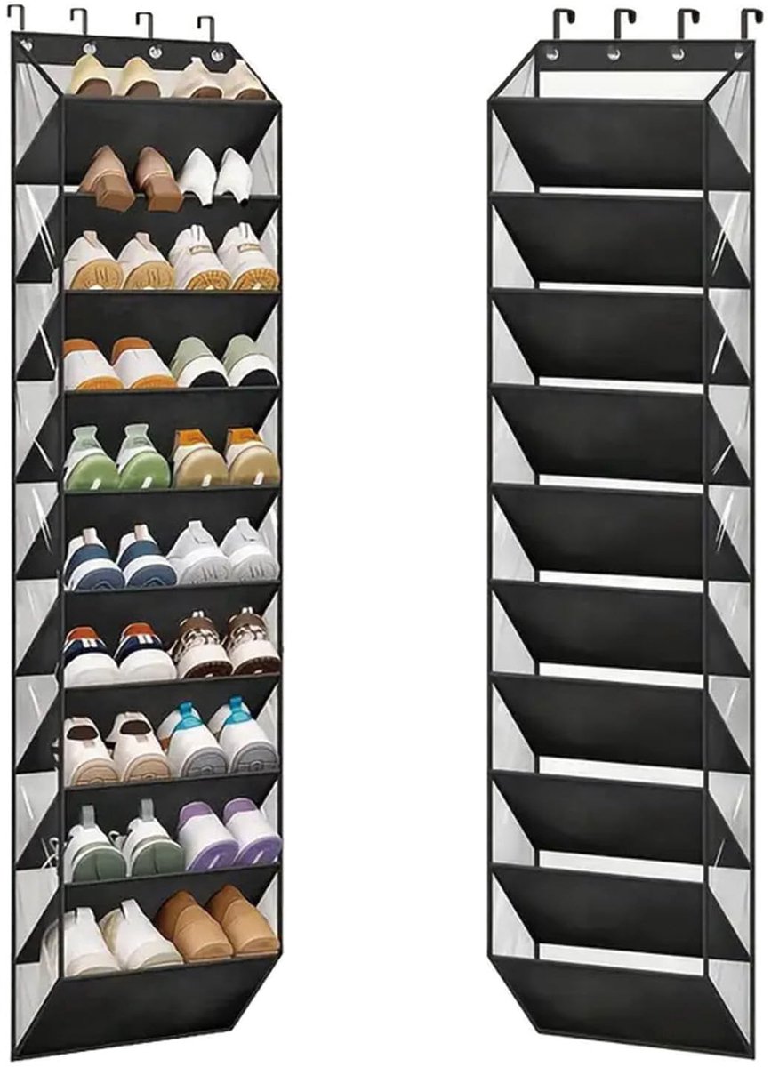 Schoenenrek over deur - 10 tier met doorzichtige zakken - voor 20 paar schoenen - ruimtebesparend - ShopVlot