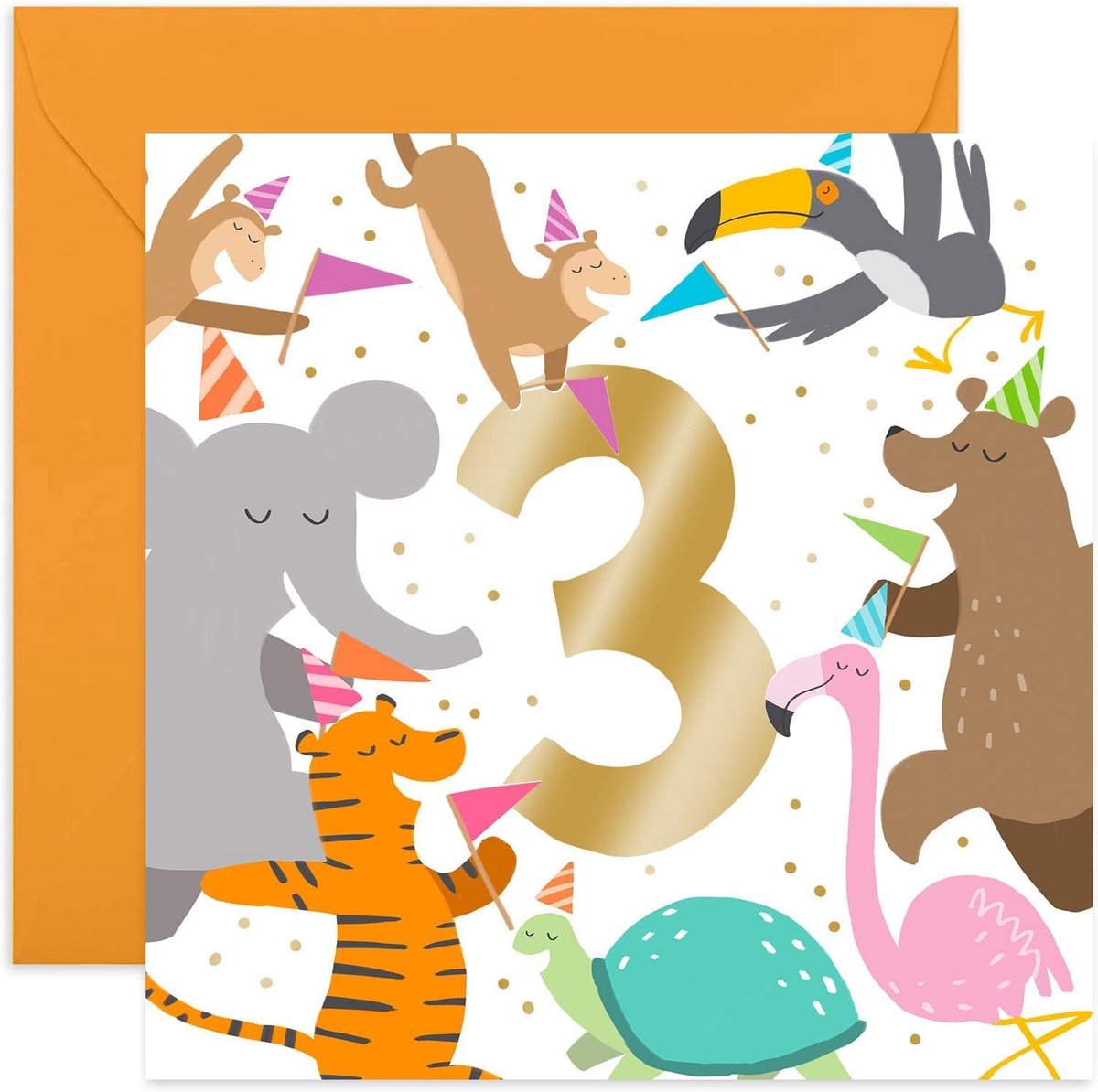 Verjaardagskaart 3 jaar - Gouden folie - Dierentuin illustratie - Perfect voor jongens en meisjes - ShopVlot