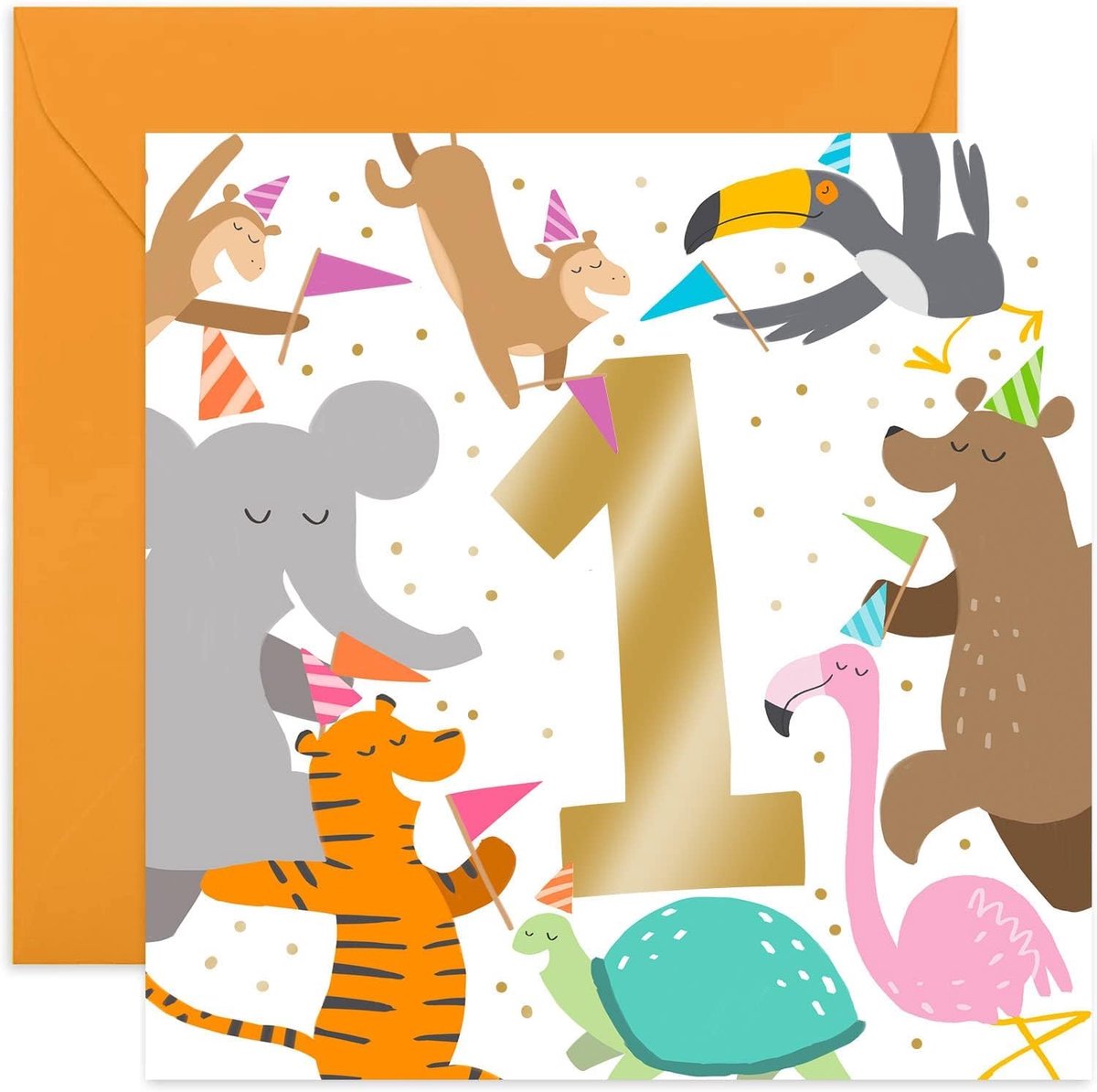 Verjaardagskaart 1 jaar - Gouden folie vierkant - Dierentuin illustratie - Voor jongen of meisje - ShopVlot