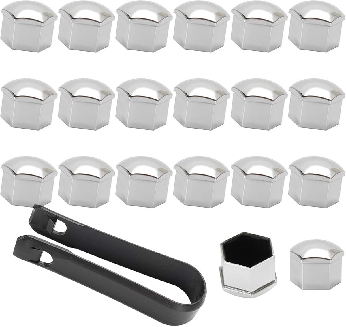 Wielmoer caps 17mm - verchroomd met verwijderingsclip - universele pasvorm voor autonaafbouten - set van 20 - ShopVlot