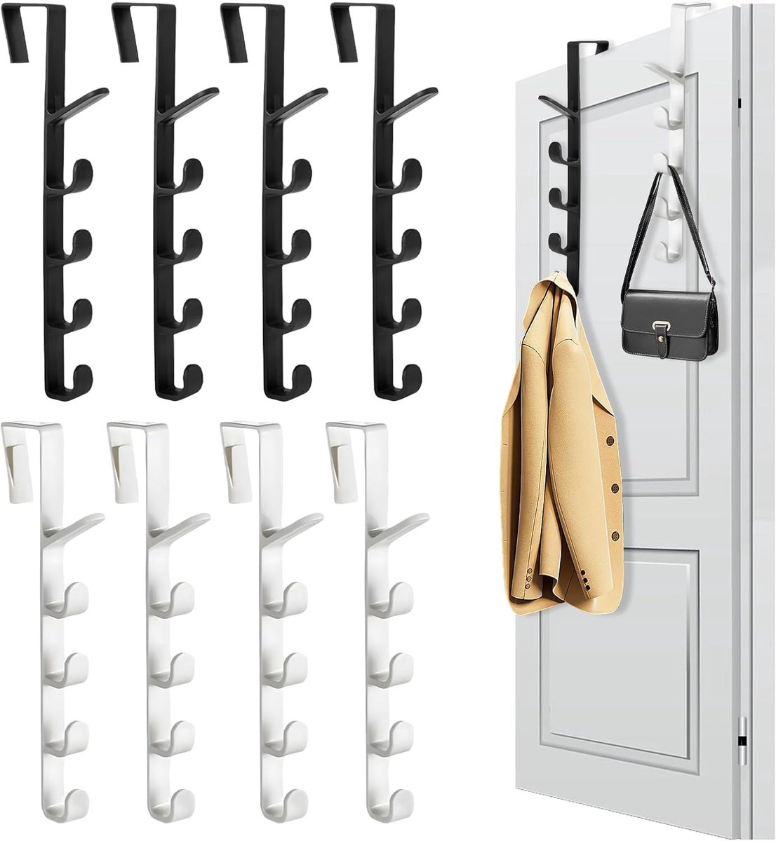 Deurhaken 8 stuks - Wit en zwart - Slimme ruimtebesparing - Voor kleding en accessoires - ShopVlot