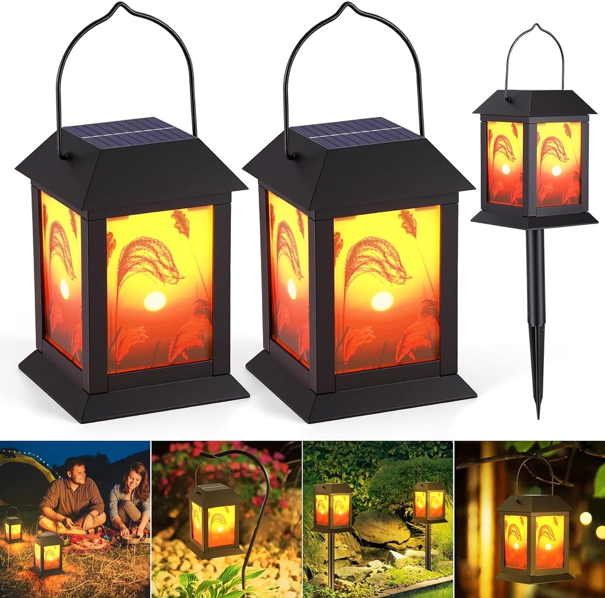 SnelShoppen - Solar Tuinlampen 2 Stuks LED Tuinverlichting IP54 Waterdicht Buitenlamp met Paal + Hangoog voor Pad Oprit Terras Looppad Gazon Tuin Deco