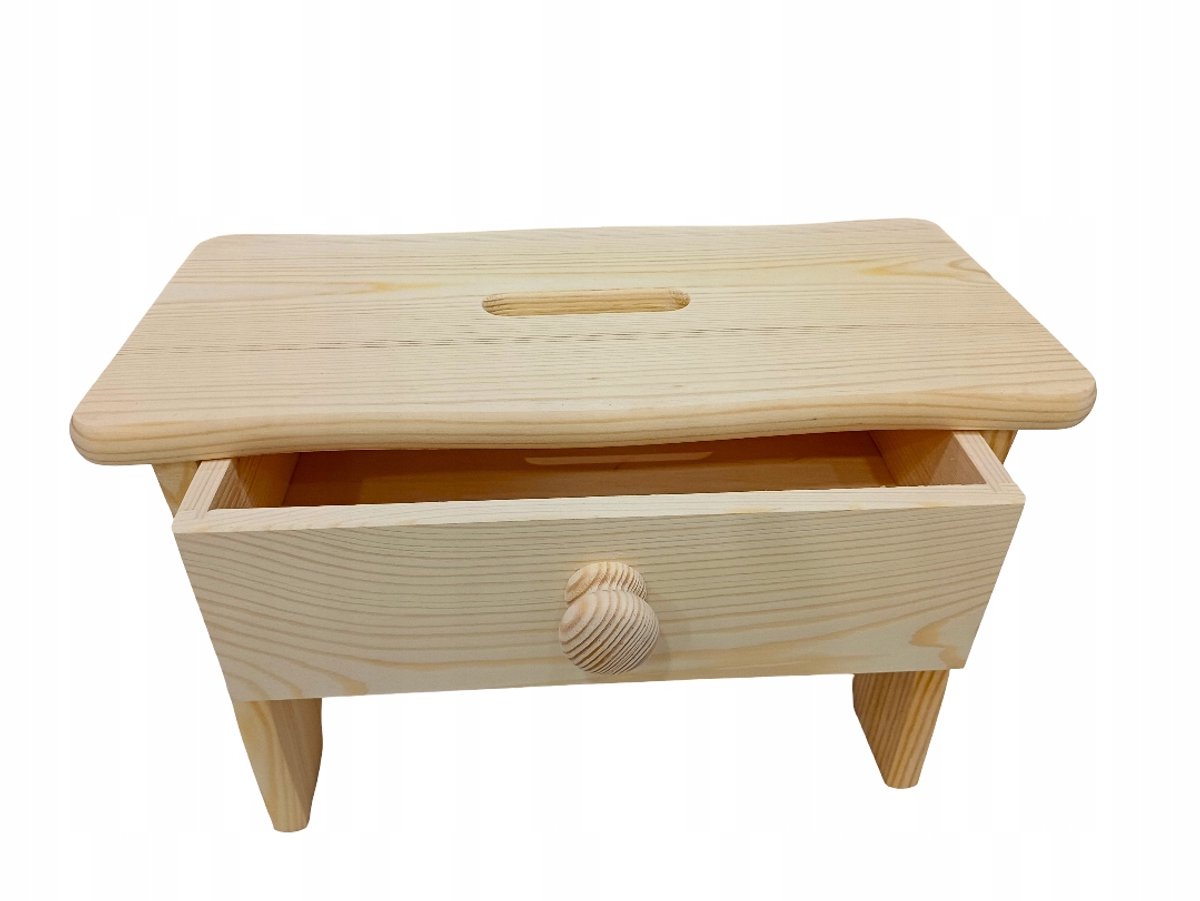 Hoge houten kruk met lade, gelakt, 26 cm