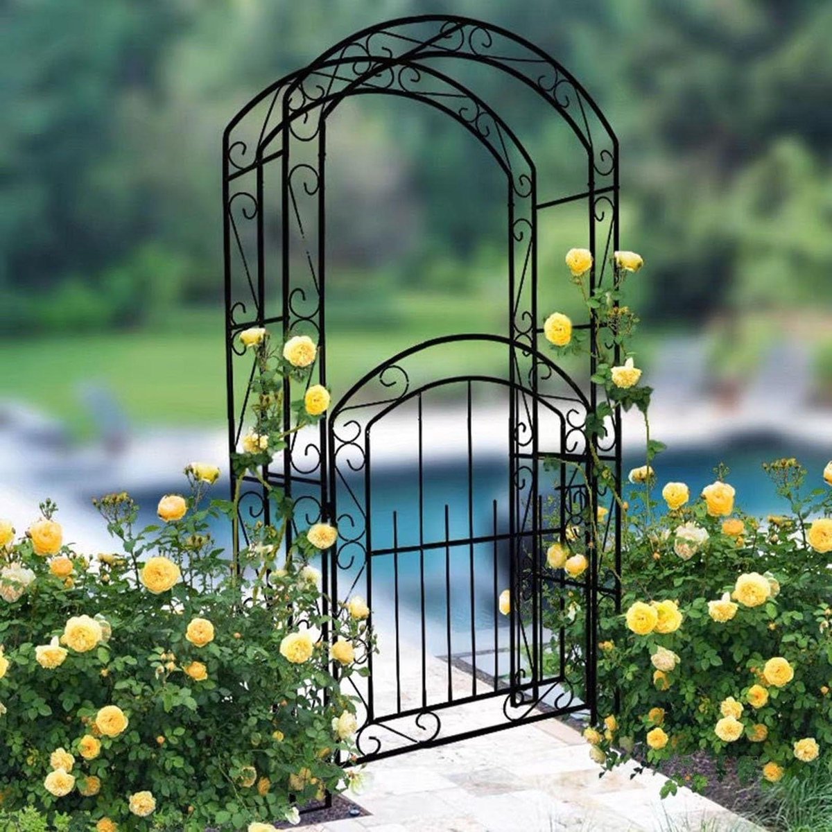 Rozenboog met deur - Tuinboog metaal - Klimplanten ondersteunen - Stabiele metalen constructie - 115x43x215 cm - Zwart