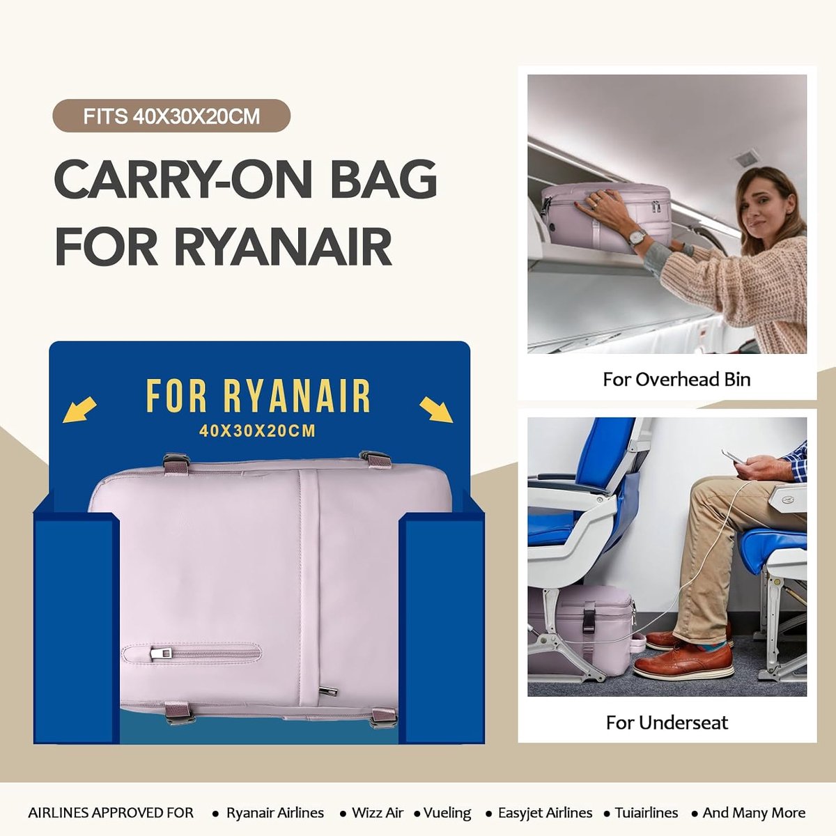 SnelShoppen - Handbagage-rugzak 40x20x25 cm, Lila Reisrugzak voor Ryanair, Dames Handbagage Tas, Kleine Reistas, Vliegtuig Rugzak, Reisbagage voor Wee