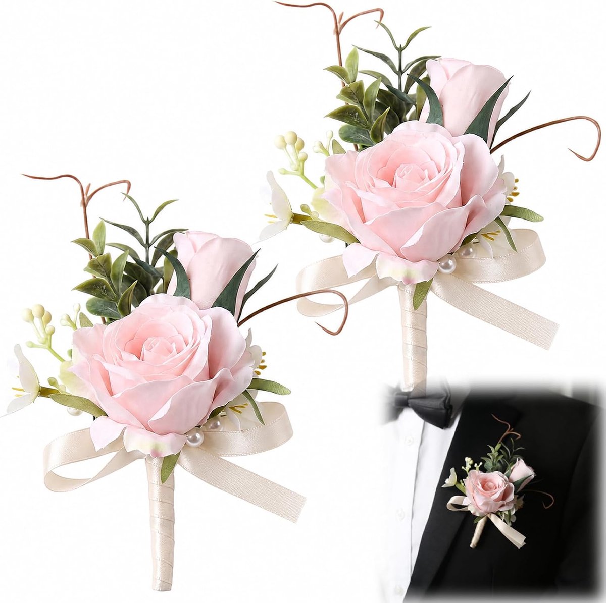 Boutonniere voor heren, 2 stuks, roze boutonniere, bruiloftskorsetje, handgemaakte kunstbloem, knoopsgatbloemen met pin en clip voor bruiloft, banket, bal, feestdecoratie (roze K)