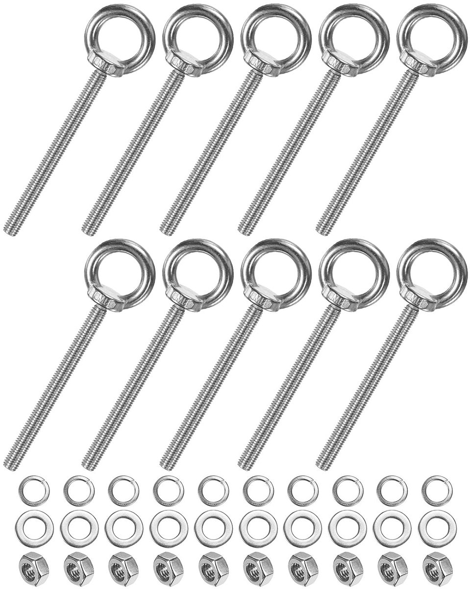 METERXITY 10 ogen van roestvrij staal M8 x 100 mm met schouder voor het optillen met moeren en sluitringen, buitendraad ring 3,94 inch voor ophanging/bevestiging