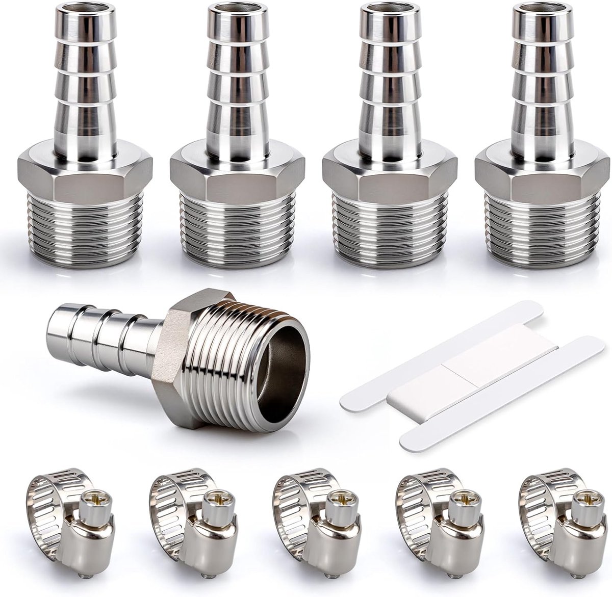 5 stuks roestvrij staal slang Barb hulpstukken, 3/4” BSP Male x 16MM Barb Connector met 5 stuks klemmen, slang Barb Adapter Barb hulpstukken voor lucht, brandstof, water, olie