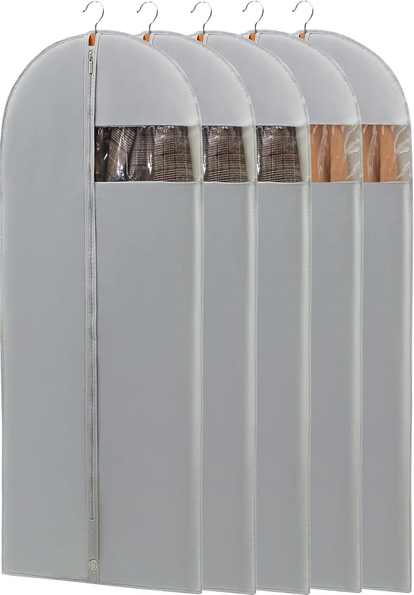 Tassen voor jurken lang, 165 cm kledingstuk opknoping kleding, jurk tas, doorzichtige opvouwbare lange jurk tas kast opslag en reizen - grijs/5 Pack grijs